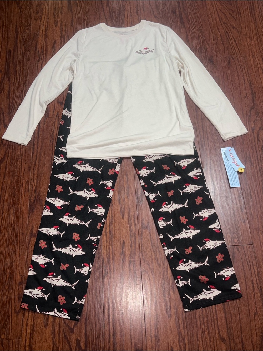 Christmas Cat & Jack Cream Top with Black Shark Print Pajama Set